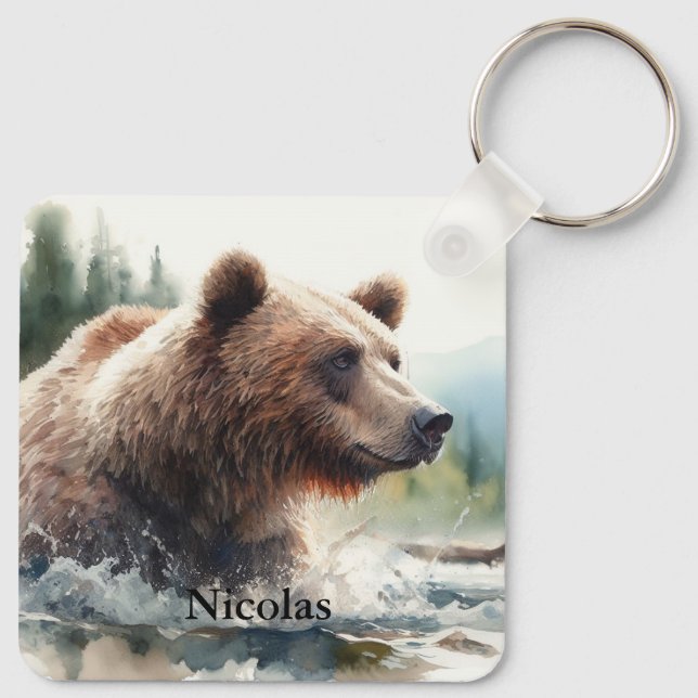 Watercolor Grizzly Bear Wildlife Nature Art Key Ring (Back)