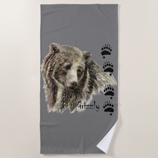 Watercolor Grizzly Bear with Tracks Animal Nature Beach Towel (Front)