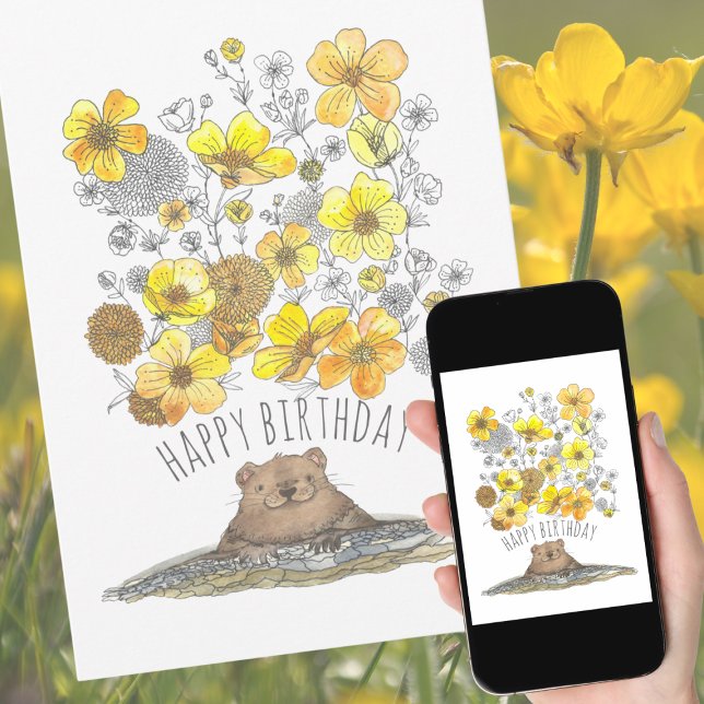 Watercolor Groundhog and Buttercups Happy Birthday Card (Creator Uploaded)