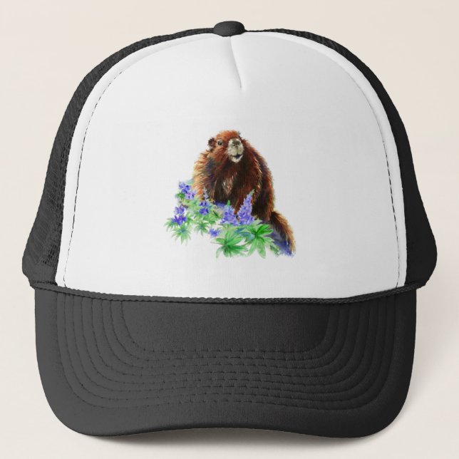 Watercolor Groundhog Marmot Wildlife Nature Art  Trucker Hat (Front)
