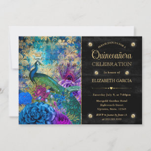 Watercolor Grunge Peacock and Flowers Quinceanera Invitation