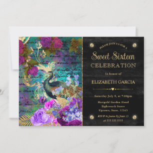 Watercolor Grunge Peacock and Flowers Sweet 16 Invitation