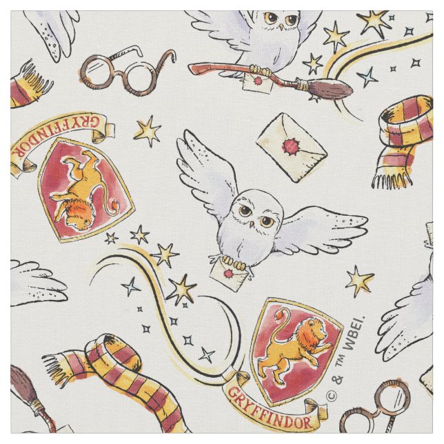 Watercolor GRYFFINDOR™ Hedwig Pattern Fabric (Close Up)