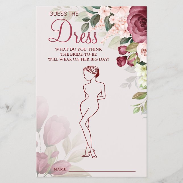 Watercolor Guess the Dress Bridal shower game card (Front)