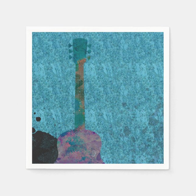 Watercolor Guitar Blue Musical Birthday Party Napkin (Front)