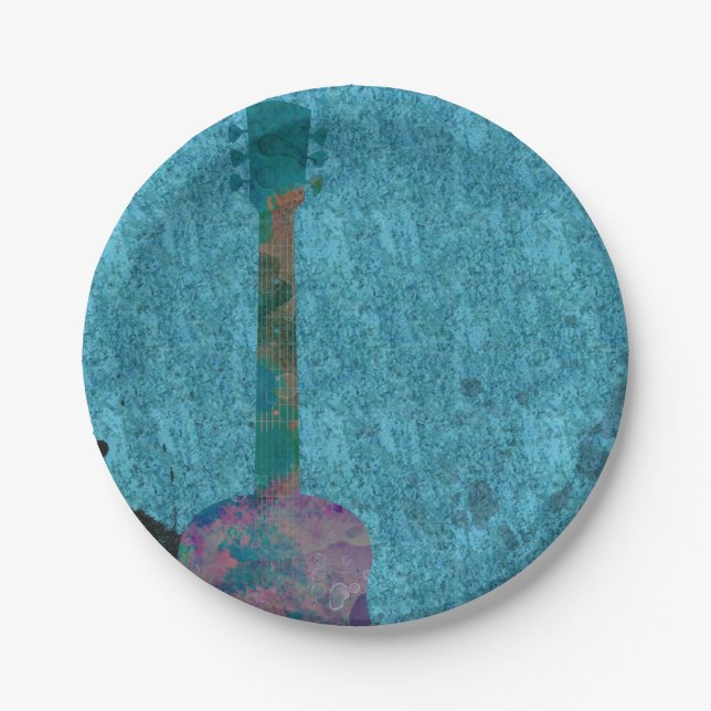 Watercolor Guitar Blue Musical Birthday Party Paper Plate (Front)