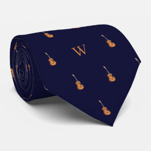 Watercolor Guitar Monogram Initial Midnight Blue Tie