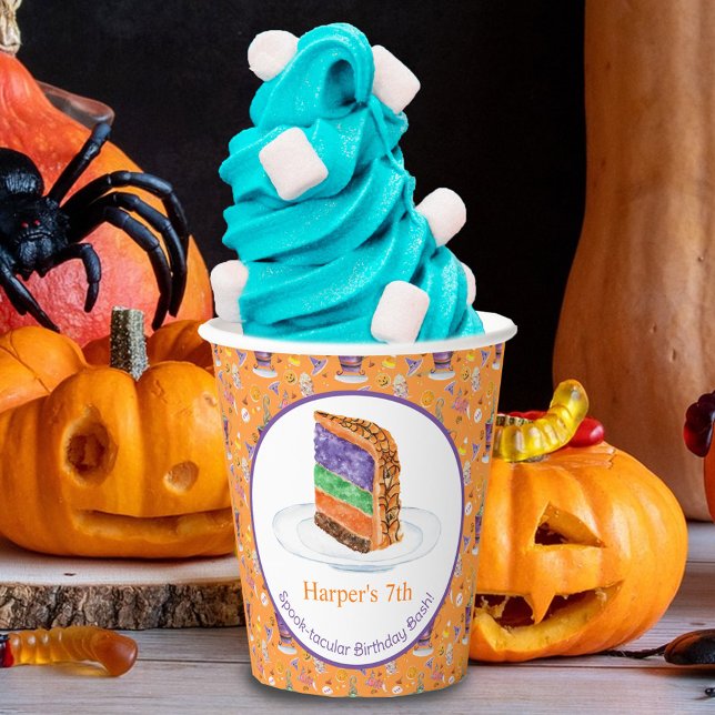 Watercolor Halloween Birthday Cake Personalised Paper Cups (This party cup is ready to go to celebrate your child's birthday!)