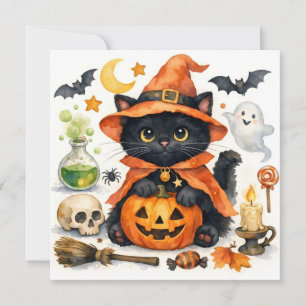 Watercolor Halloween Black Cat in Costume  Holiday Card