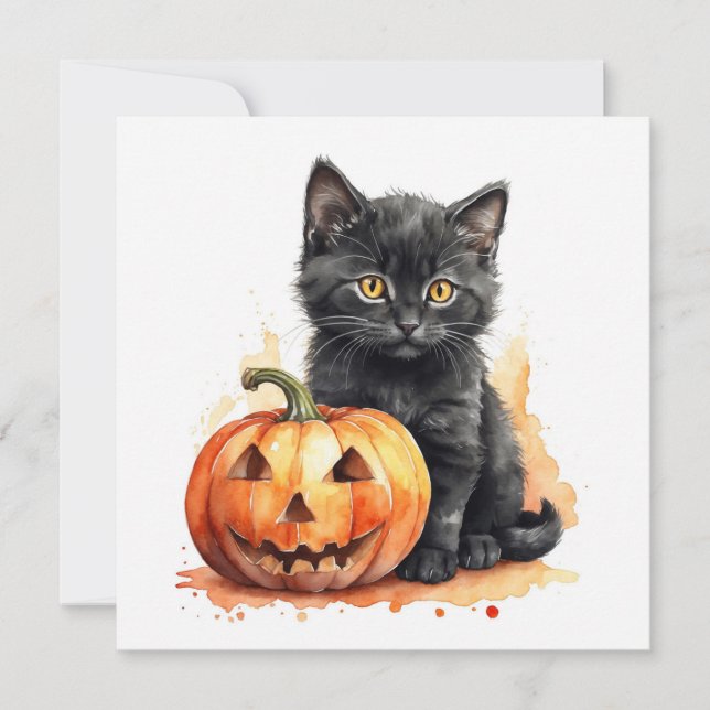Watercolor Halloween Black Cat with Pumpkin  Holiday Card (Front)