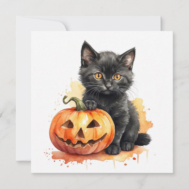 Watercolor Halloween Black Kitten and Pumpkin  Holiday Card (Front)