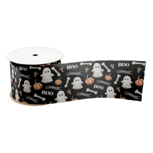 Watercolor Halloween Boo Ghost and Pumpkins Black  Satin Ribbon