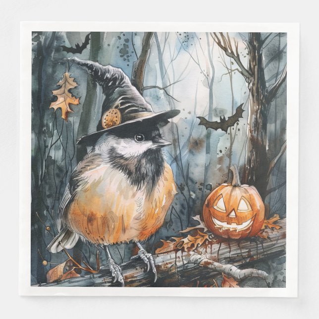 Watercolor Halloween Chickadee for Decoupage Napkin (Front)