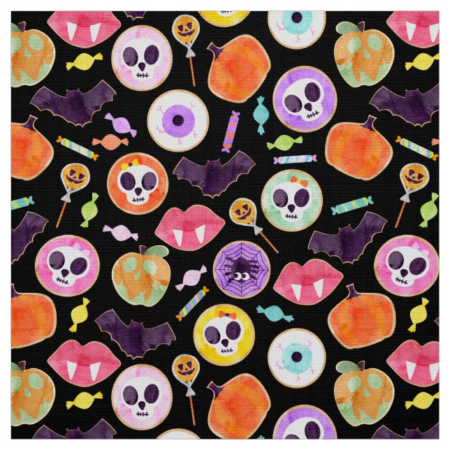 Watercolor Halloween Cookies Spooky Pattern Fabric (Swatch)