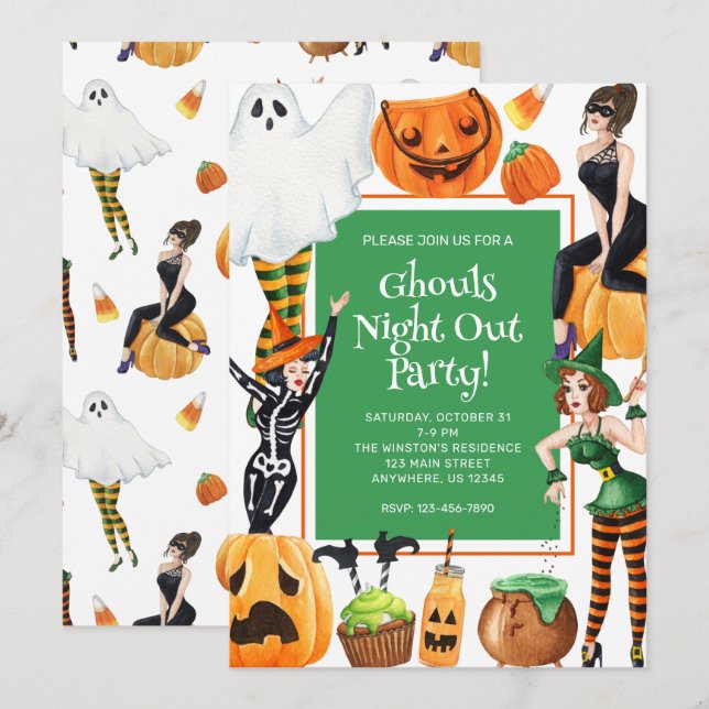 Watercolor Halloween Fashion Girls Witches Party Invitation (Front/Back)