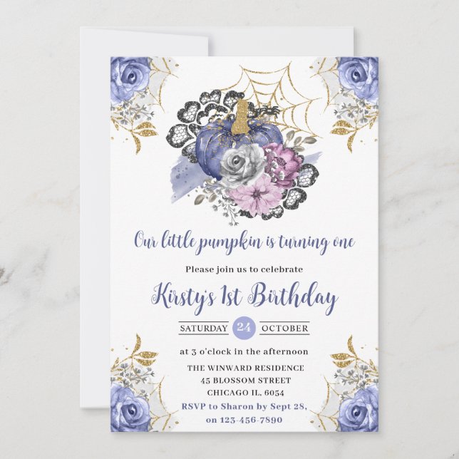 Watercolor Halloween Floral Pumpkins 1st Birthday Invitation (Front)