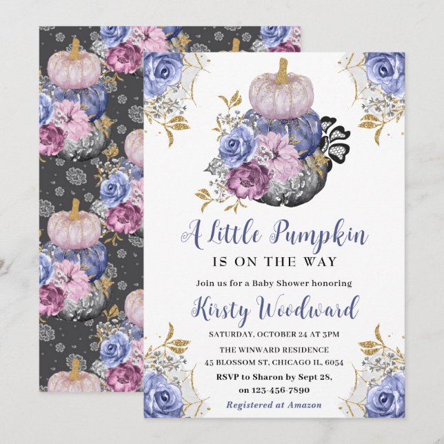 Watercolor Halloween Floral Pumpkins Baby Shower Invitation (Front/Back)