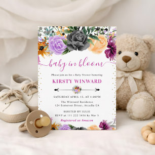 Watercolor Halloween Flowers Baby Shower Invitation
