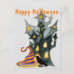 Watercolor Halloween House & Hat Postcard