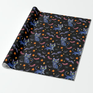 Watercolor Halloween illustration with black cats Wrapping Paper