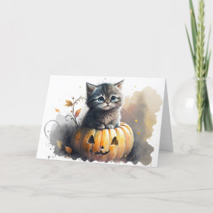 Watercolor Halloween Kitten In a Jack-o-lantern Holiday Card