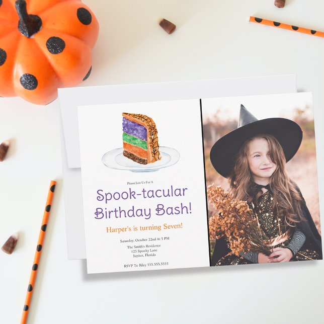 Watercolor Halloween Layered Cake Birthday Photo Invitation (Add your child's photo to make this birthday invitation even more special. )
