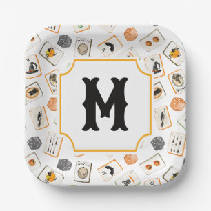 Watercolor Halloween Mahjong Tiles Monogram Paper Plate