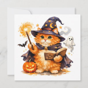 Watercolor Halloween Orange Cat Wizard Card