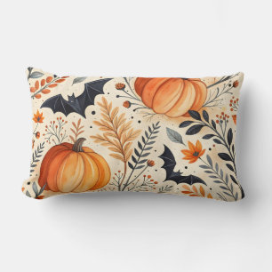 watercolor halloween pumpkins and bats lumbar cushion