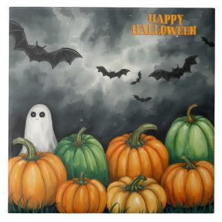 Watercolor Halloween Pumpkins and Ghost Tile
