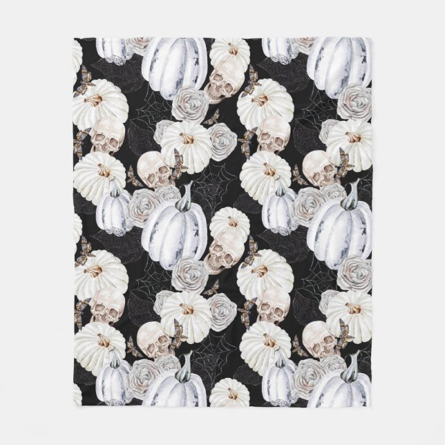Watercolor Halloween Pumpkins Skulls Black White Fleece Blanket (Front)