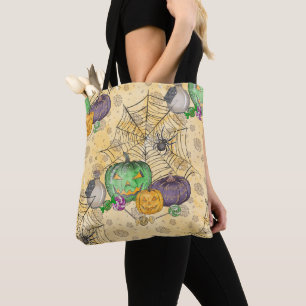 WATERCOLOR HALLOWEEN PUMPKINS WEBS CANDIES TOTE BAG