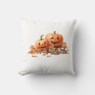 Watercolor Halloween Pumpkins with Autumn Leaves O Cushion