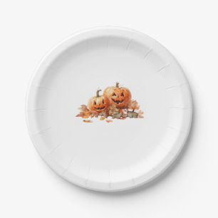 Watercolor Halloween Pumpkins with Autumn Leaves O Paper Plate