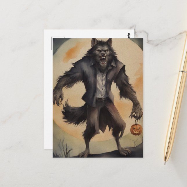 Watercolor Halloween Werewolf Postcard (Front/Back In Situ)