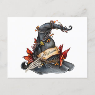 Watercolor Halloween Witch Hat and Decorations Holiday Postcard