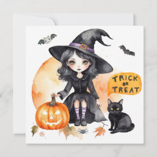 Watercolor Halloween Witch with Black Cat Holiday Card
