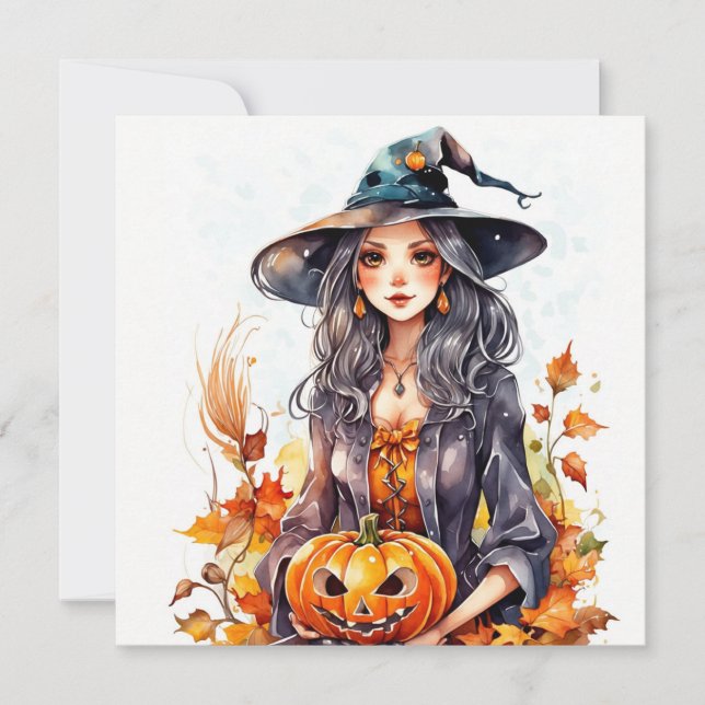 Watercolor Halloween Witch with Pumpkin  Holiday Card (Front)