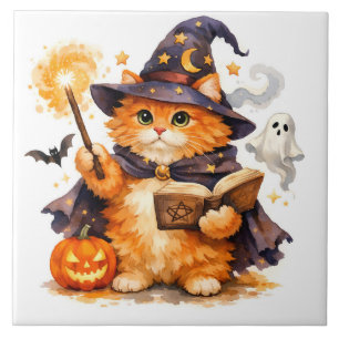 Watercolor Halloween Wizard Cat with Ghost Tile