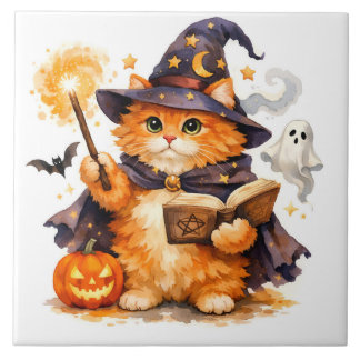 Watercolor Halloween Wizard Cat with Ghost Tile