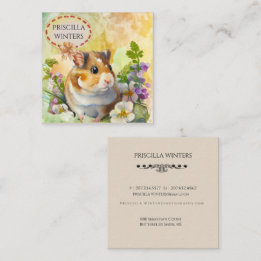 Watercolor Hamster and Flowers Square Business Card
