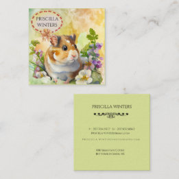 Watercolor Hamster Flowers Green Square Business Card