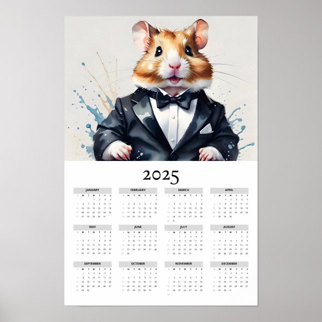 Watercolor Hamster in Tuxedo Bow Tie 2025 Calendar Poster (Front)