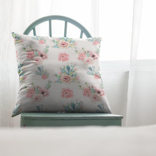 Watercolor Hand Draw Exotic Cacti Set With Flowers Cushion