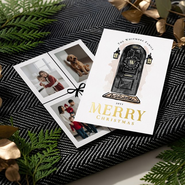 Watercolor Hand Drawn Black Door Christmas Wreath (Watercolor Hand Drawn Black Door Christmas Wreath Foil Holiday Card)