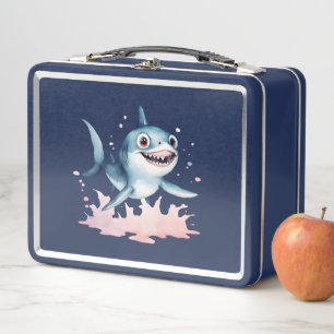 Watercolor Hand Drawn Cute Playful Baby Shark Metal Lunch Box