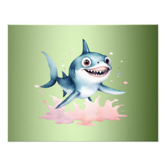 Watercolor Hand Drawn Cute Playful Baby Shark Photo Print