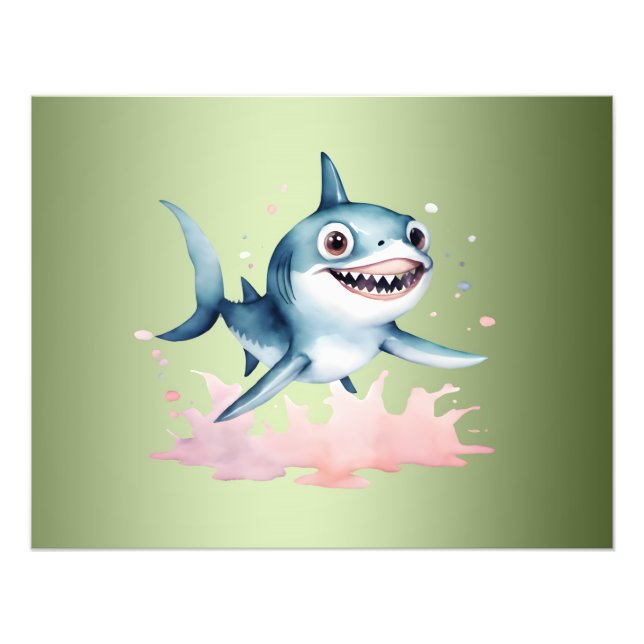 Watercolor Hand Drawn Cute Playful Baby Shark Photo Print (Front)