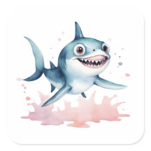 Watercolor Hand Drawn Cute Playful Baby Shark