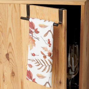 Watercolor Hand Drawn Fall Autumn Leaves & Berries Tea Towel
